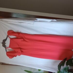 Maggie London coral open shoulder ruffle bell sleeve dress!